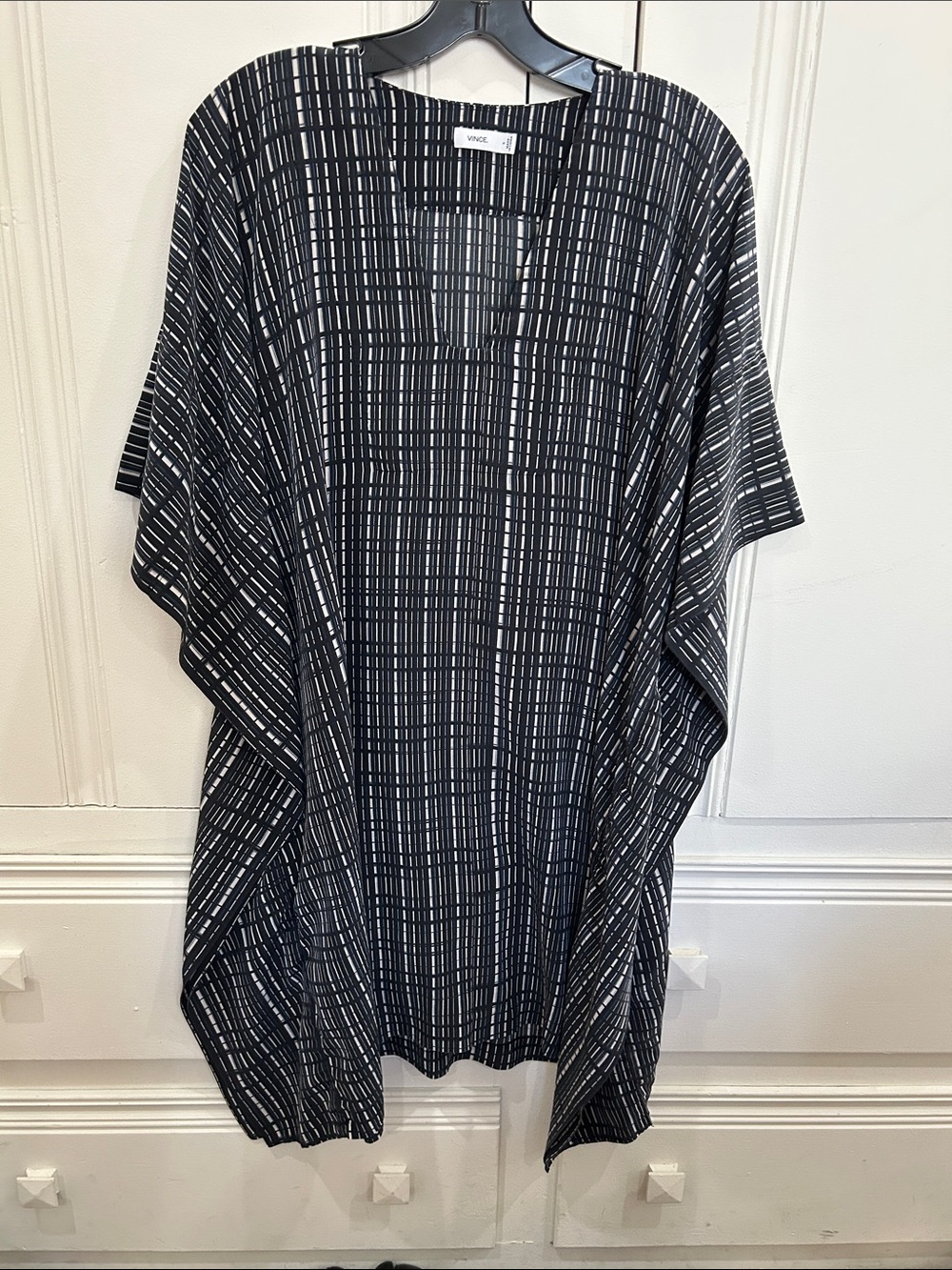 Vince Black and White Grid-Print Silk CaftanMidi Dress